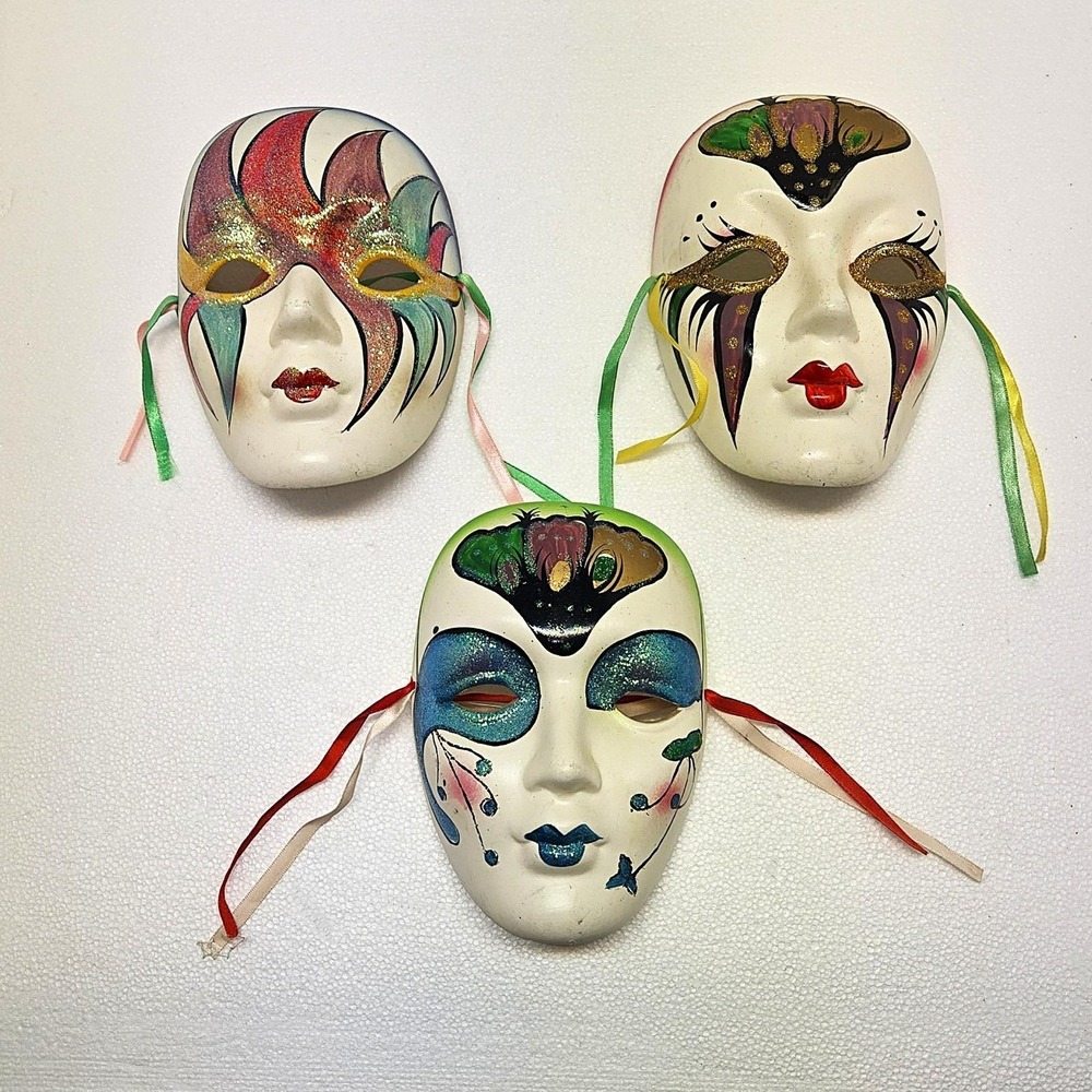 Vintage Hand-Painted Venetian Style Ceramic Wall Masks–Set of 3–Glitter Accents